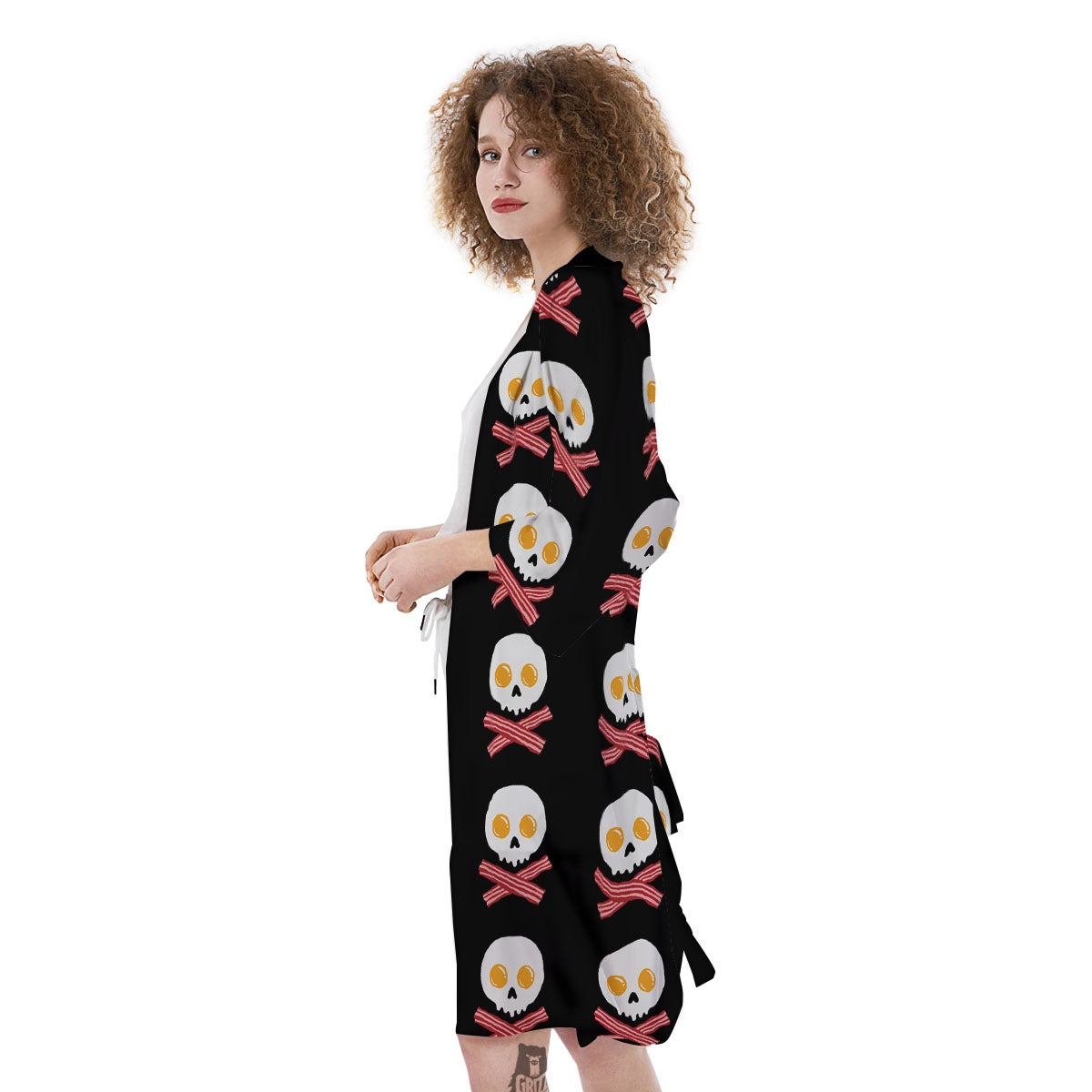 Bacon And Skull Fried Egg Print Pattern Kimono-grizzshop