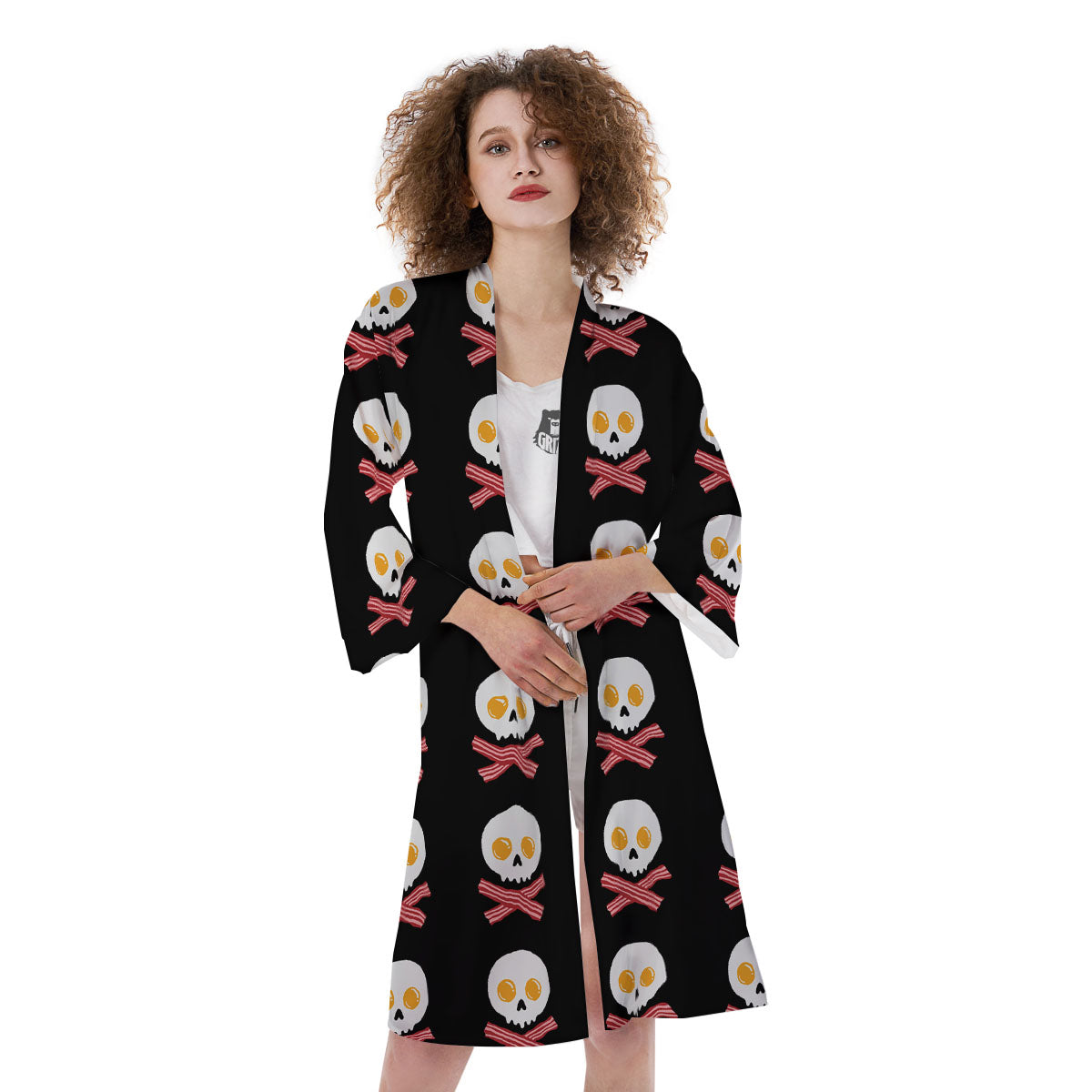 Bacon And Skull Fried Egg Print Pattern Kimono-grizzshop