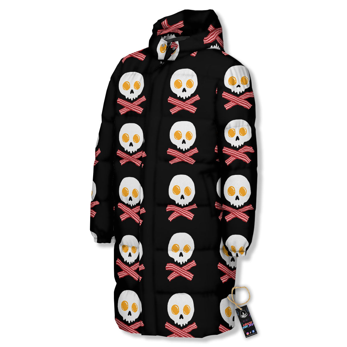 Bacon And Skull Fried Egg Print Pattern Long Down Jacket-grizzshop
