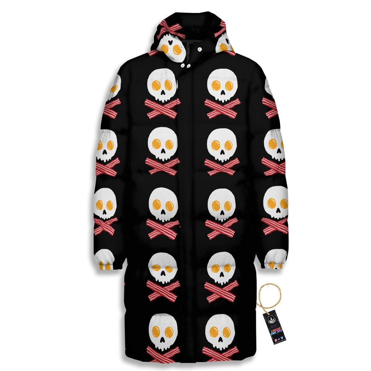 Bacon And Skull Fried Egg Print Pattern Long Down Jacket-grizzshop