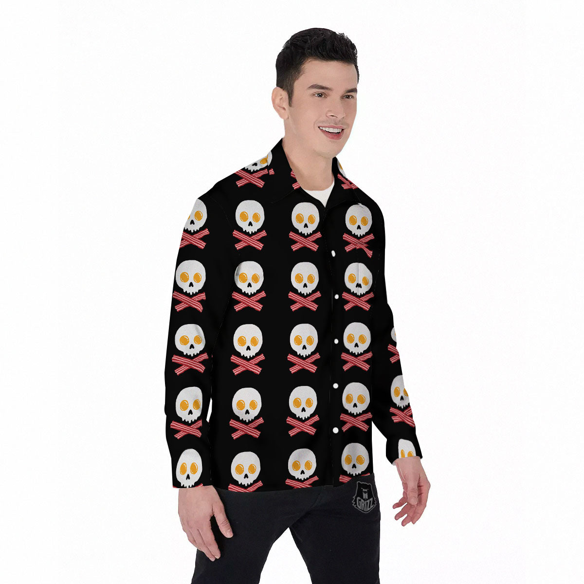 Bacon And Skull Fried Egg Print Pattern Men's Long Sleeve Shirts-grizzshop