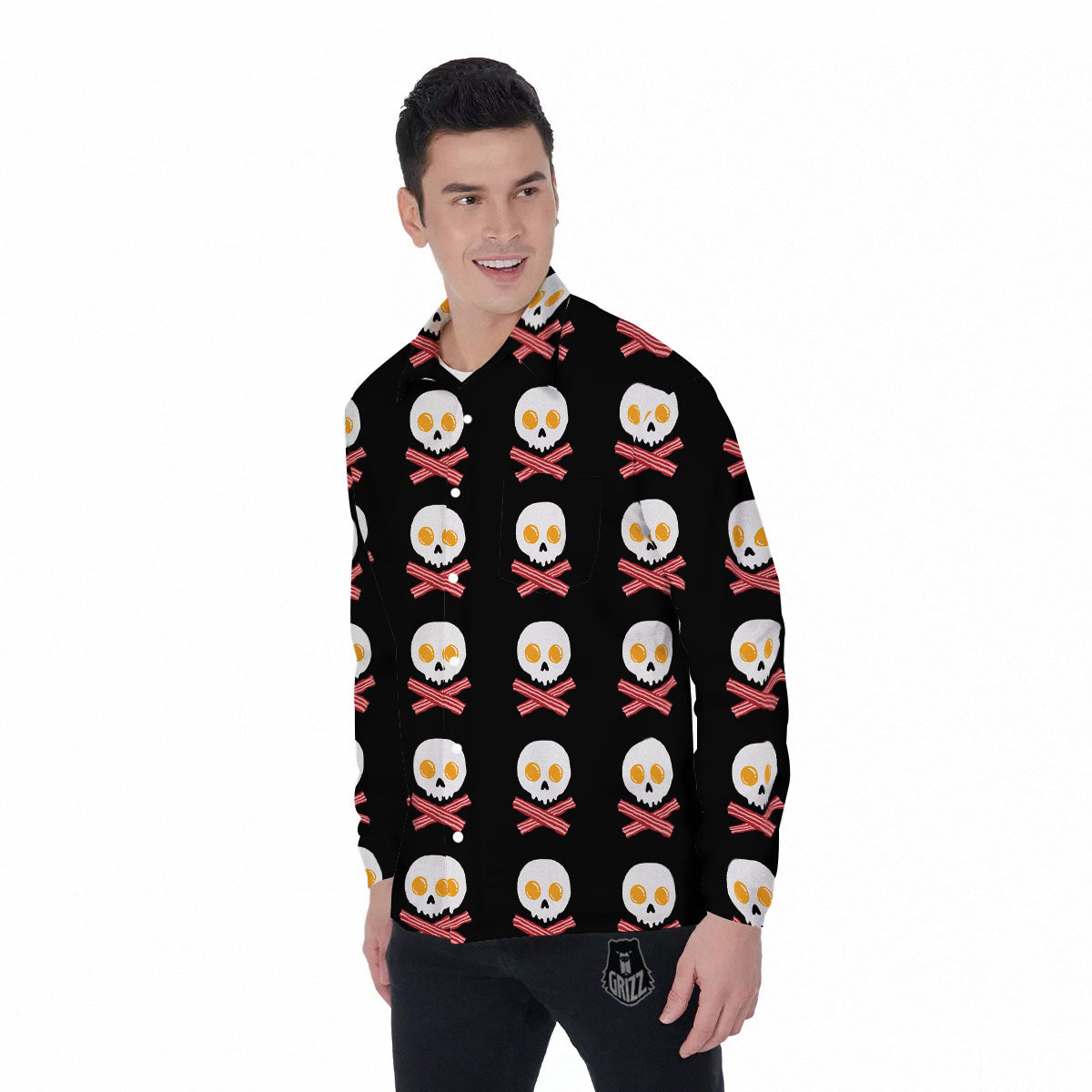 Bacon And Skull Fried Egg Print Pattern Men's Long Sleeve Shirts-grizzshop