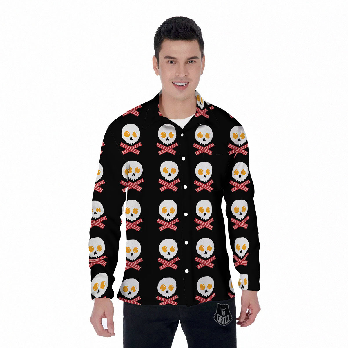Bacon And Skull Fried Egg Print Pattern Men's Long Sleeve Shirts-grizzshop