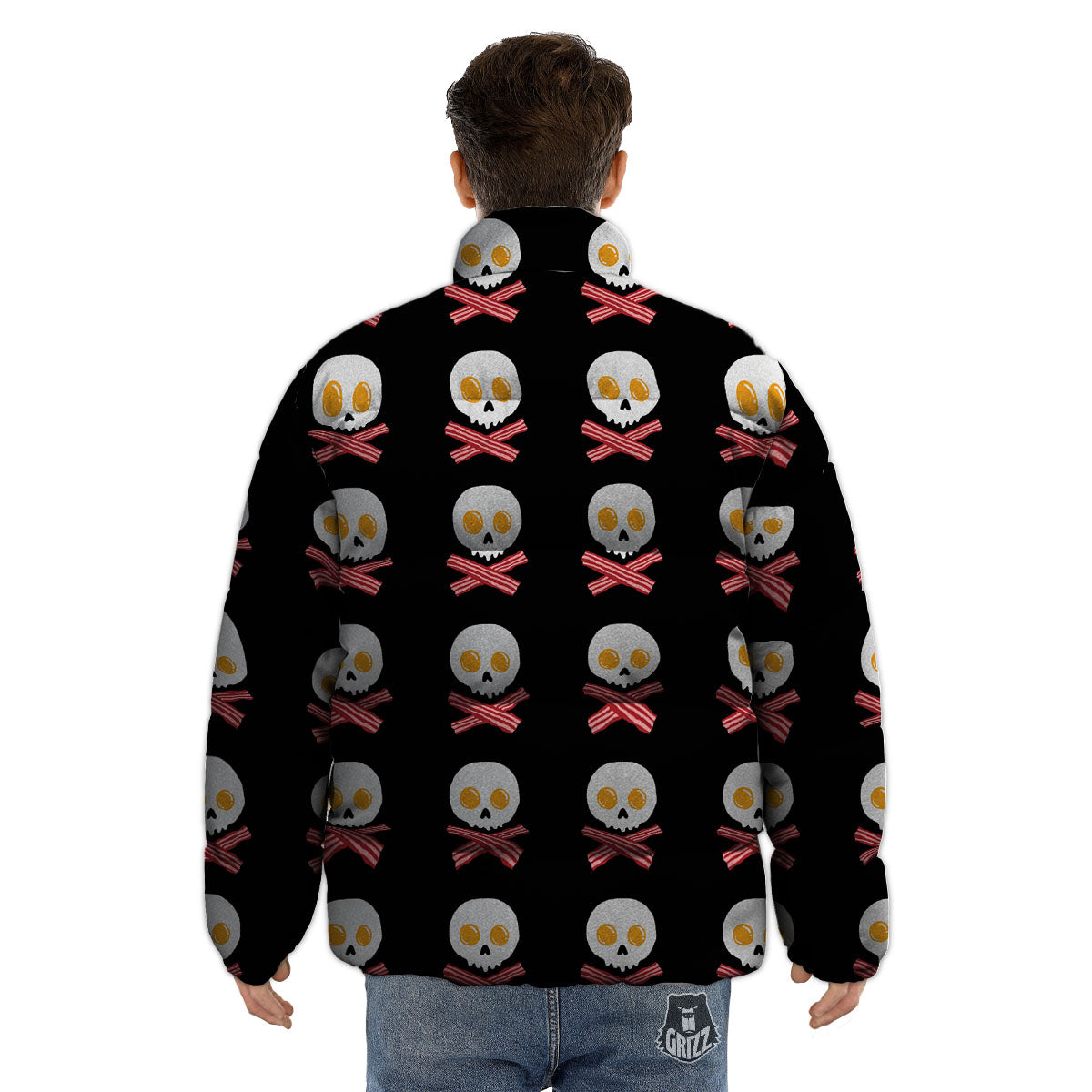Bacon And Skull Fried Egg Print Pattern Puffer Jacket-grizzshop