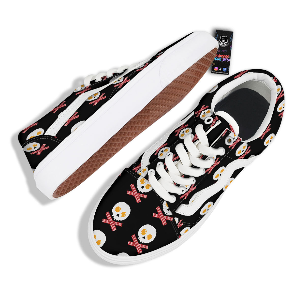 Bacon And Skull Fried Egg Print Pattern Skate Shoes-grizzshop