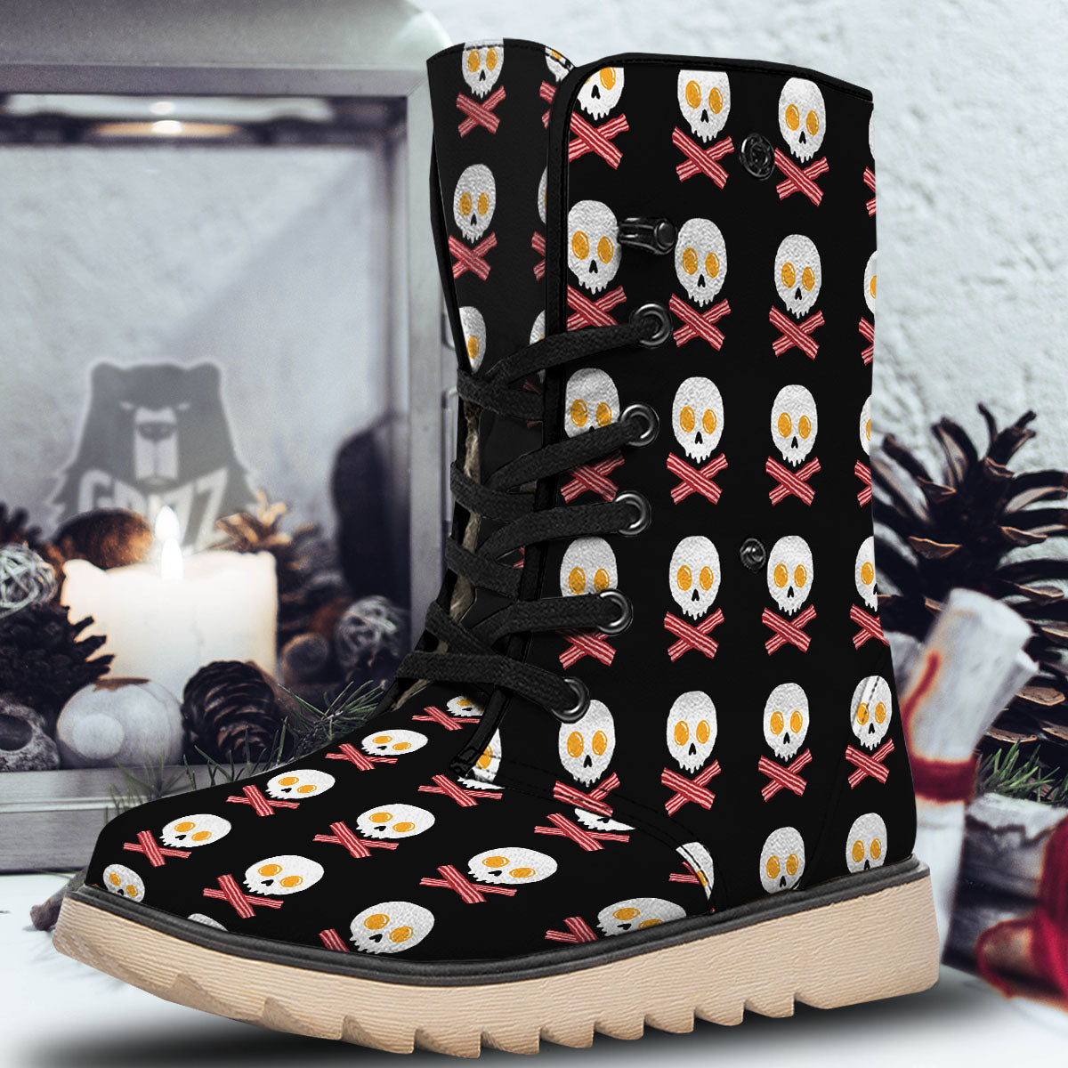 Bacon And Skull Fried Egg Print Pattern Snow Boots-grizzshop