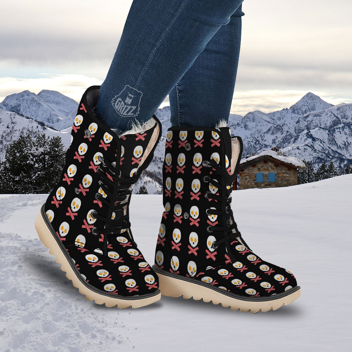 Bacon And Skull Fried Egg Print Pattern Snow Boots-grizzshop