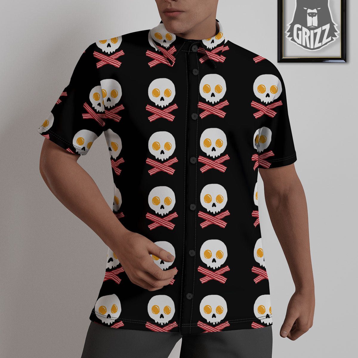 Bacon And Skull Fried Egg Print Pattern Untucked Shirts-grizzshop