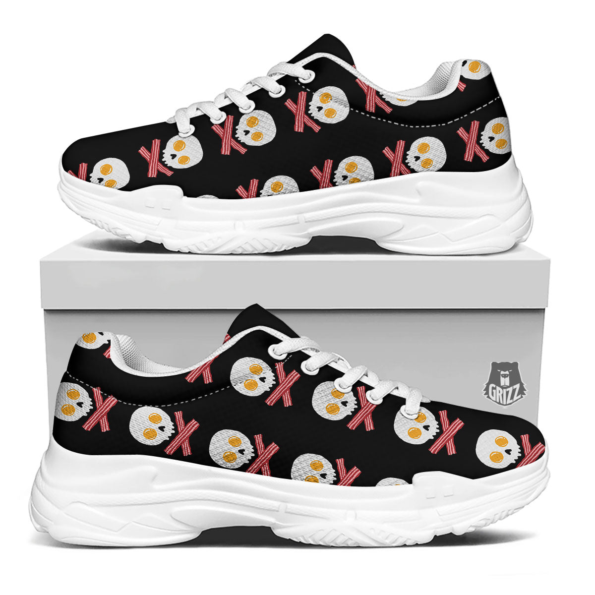 Bacon And Skull Fried Egg Print Pattern White Chunky Shoes-grizzshop