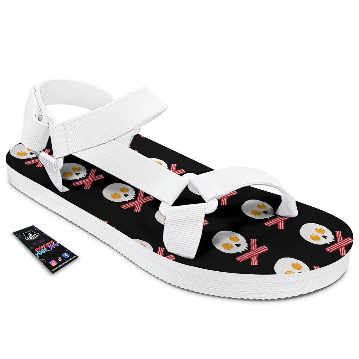 Bacon And Skull Fried Egg Print Pattern White Open Toe Sandals-grizzshop