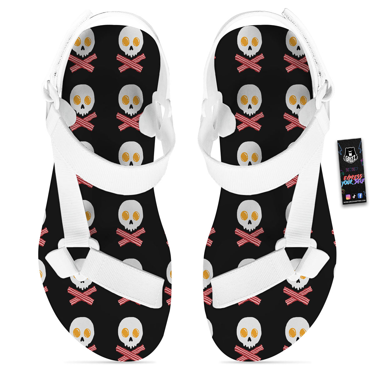 Bacon And Skull Fried Egg Print Pattern White Open Toe Sandals-grizzshop