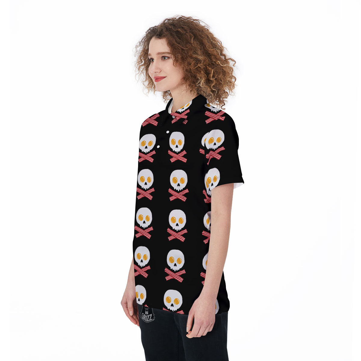 Bacon And Skull Fried Egg Print Pattern Women's Golf Shirts-grizzshop