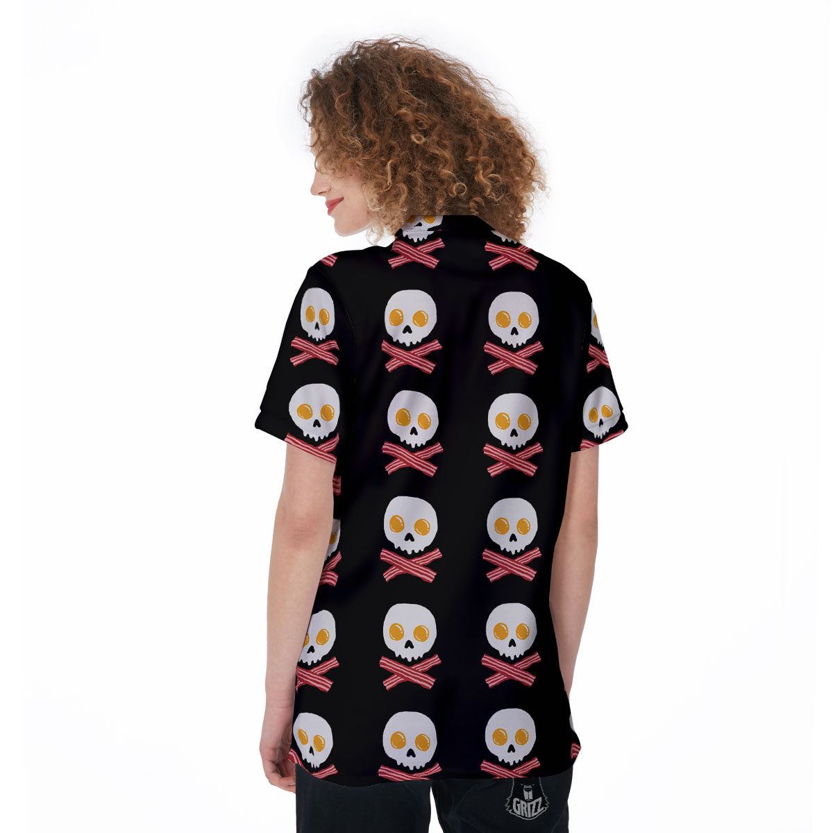 Bacon And Skull Fried Egg Print Pattern Women's Golf Shirts-grizzshop