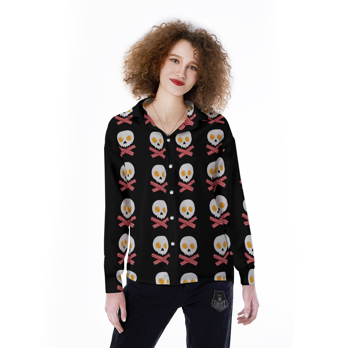 Bacon And Skull Fried Egg Print Pattern Women's Long Sleeve Shirts-grizzshop
