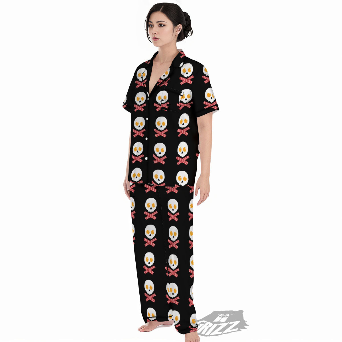 Bacon And Skull Fried Egg Print Pattern Women's Pajamas Set-grizzshop