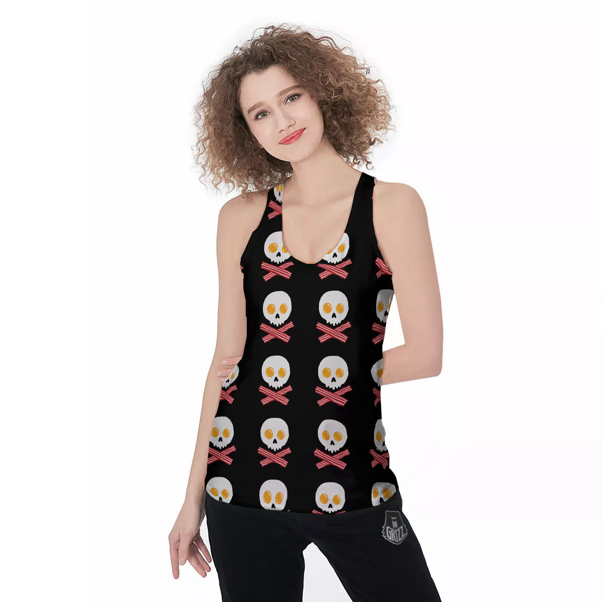 Bacon And Skull Fried Egg Print Pattern Women's Racerback Tank Top-grizzshop