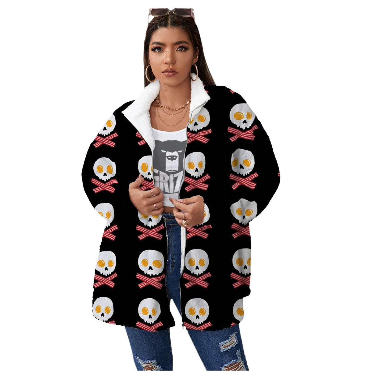 Bacon And Skull Fried Egg Print Pattern Women's Sherpa Jacket-grizzshop