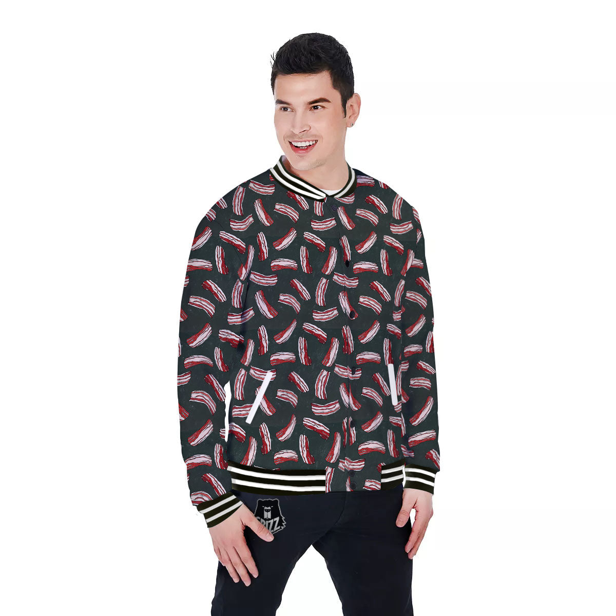 Bacon Black Print Pattern Baseball Jacket-grizzshop