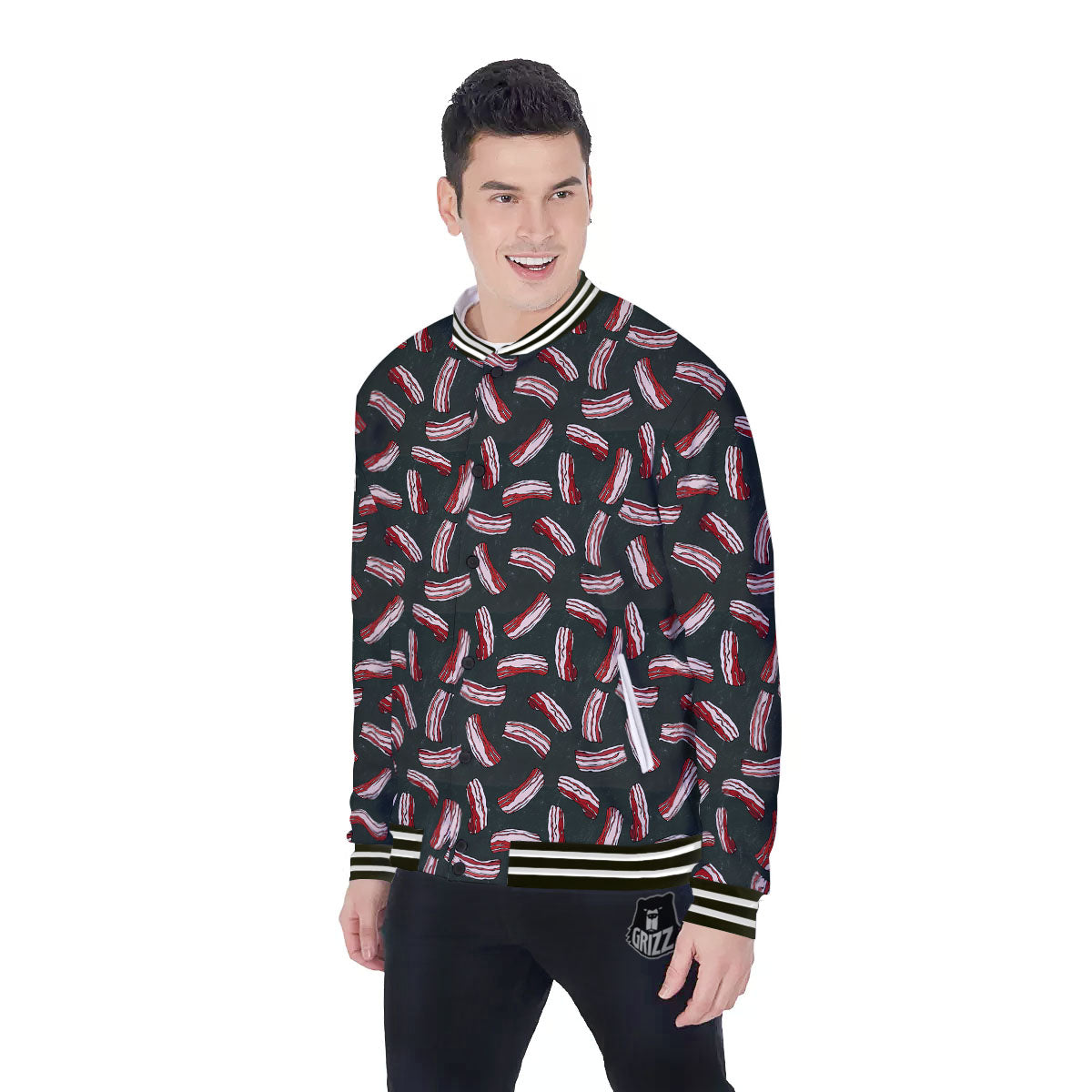 Bacon Black Print Pattern Baseball Jacket-grizzshop