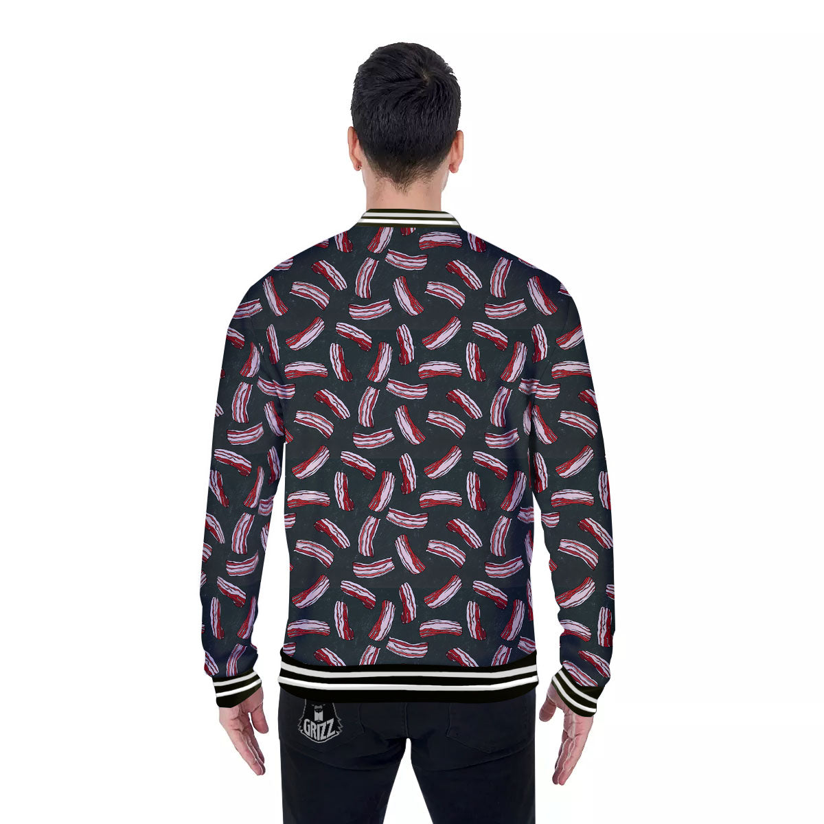 Bacon Black Print Pattern Baseball Jacket-grizzshop