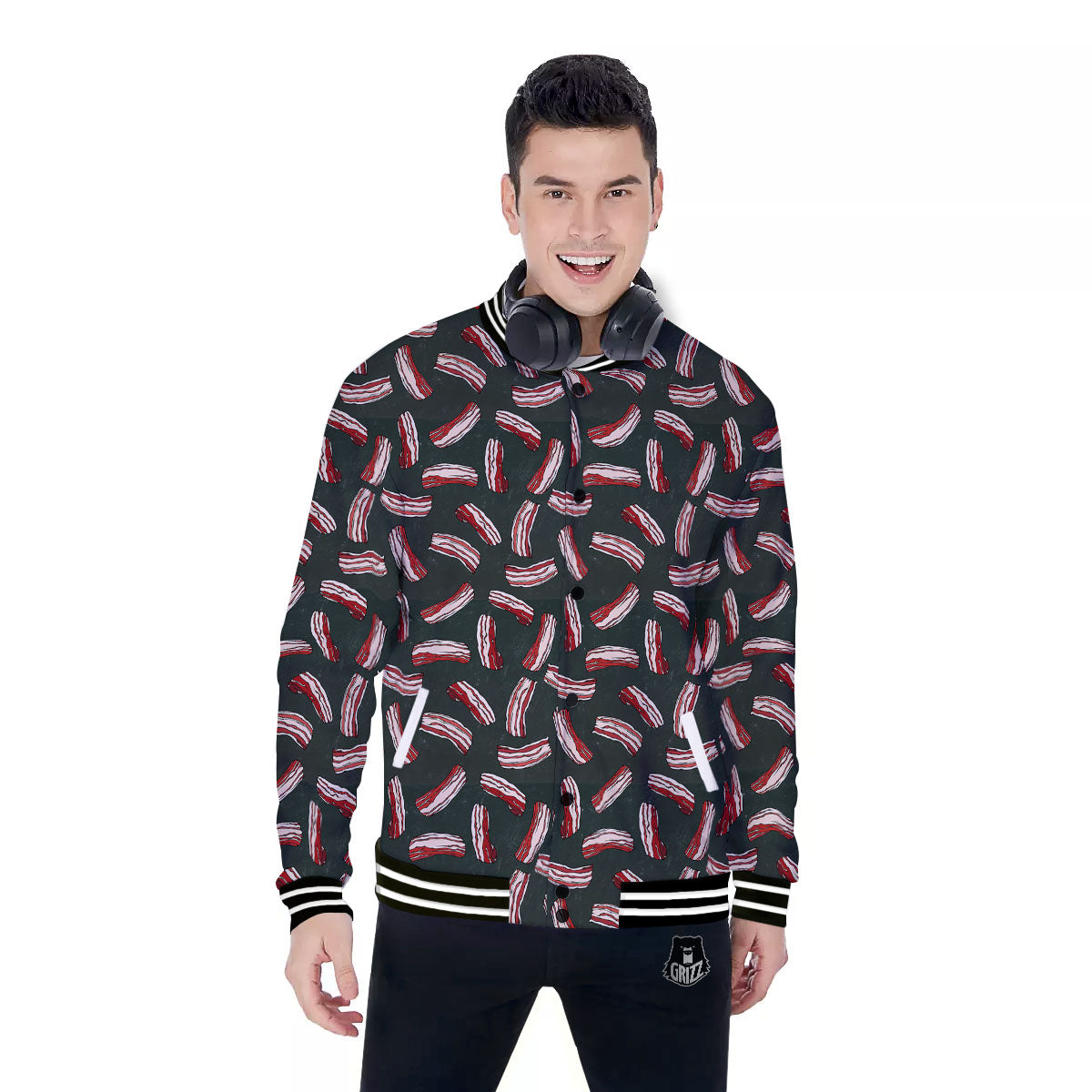Bacon Black Print Pattern Baseball Jacket-grizzshop
