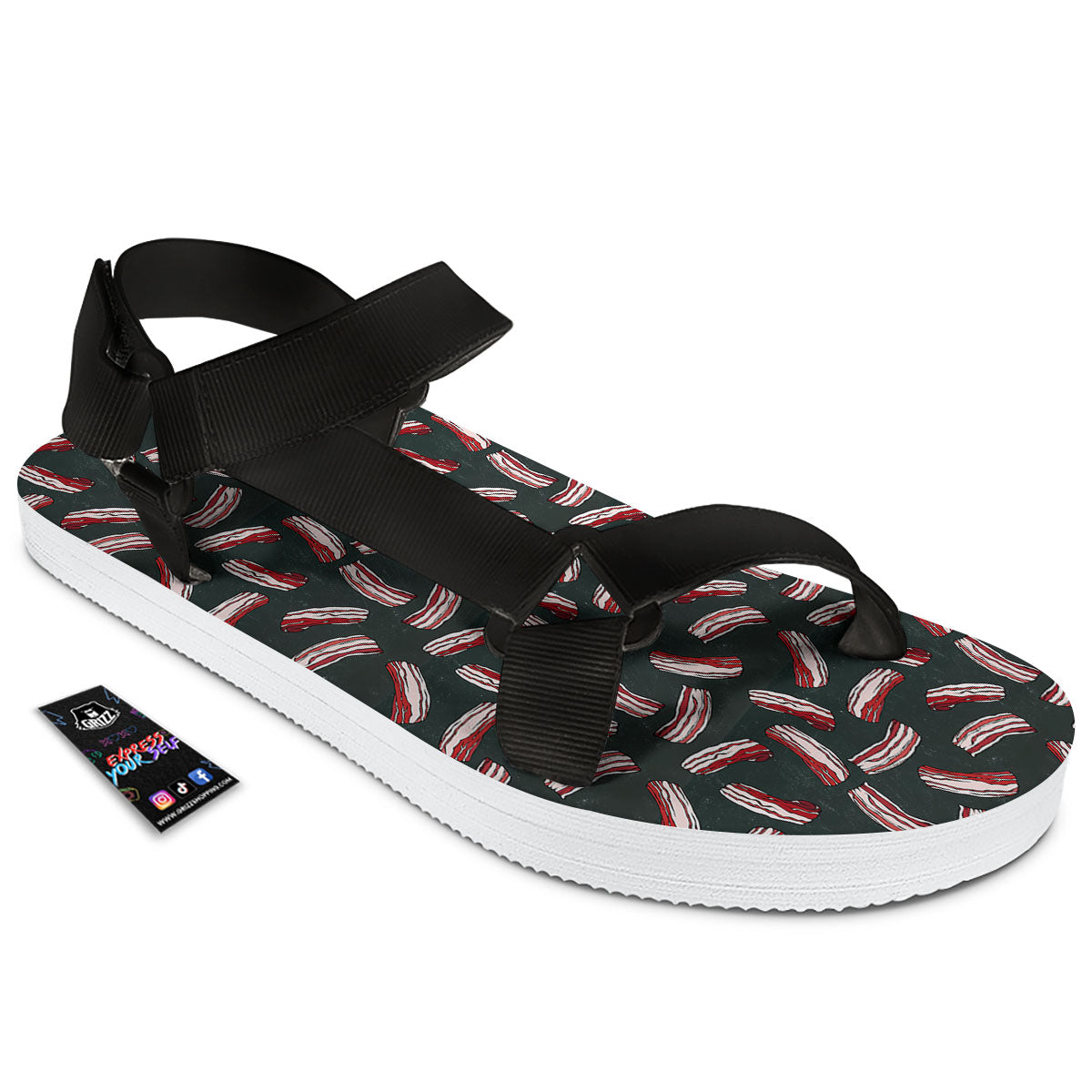 Bacon Black Print Pattern Black Open Toe Sandals-grizzshop