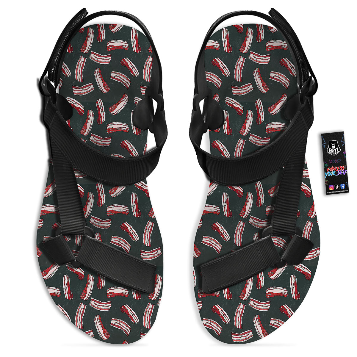 Bacon Black Print Pattern Black Open Toe Sandals-grizzshop