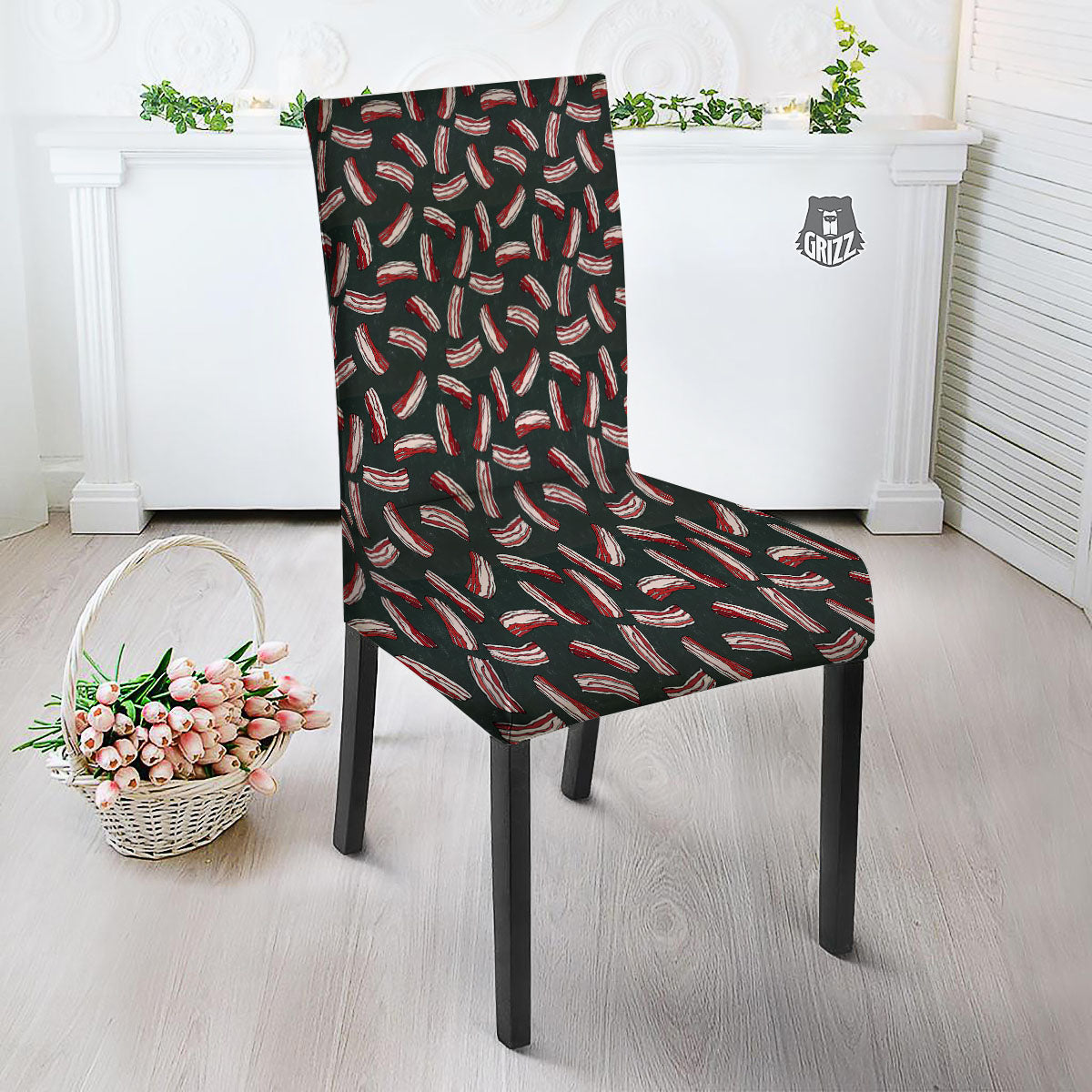 Bacon Black Print Pattern Dining Chair Slipcover-grizzshop