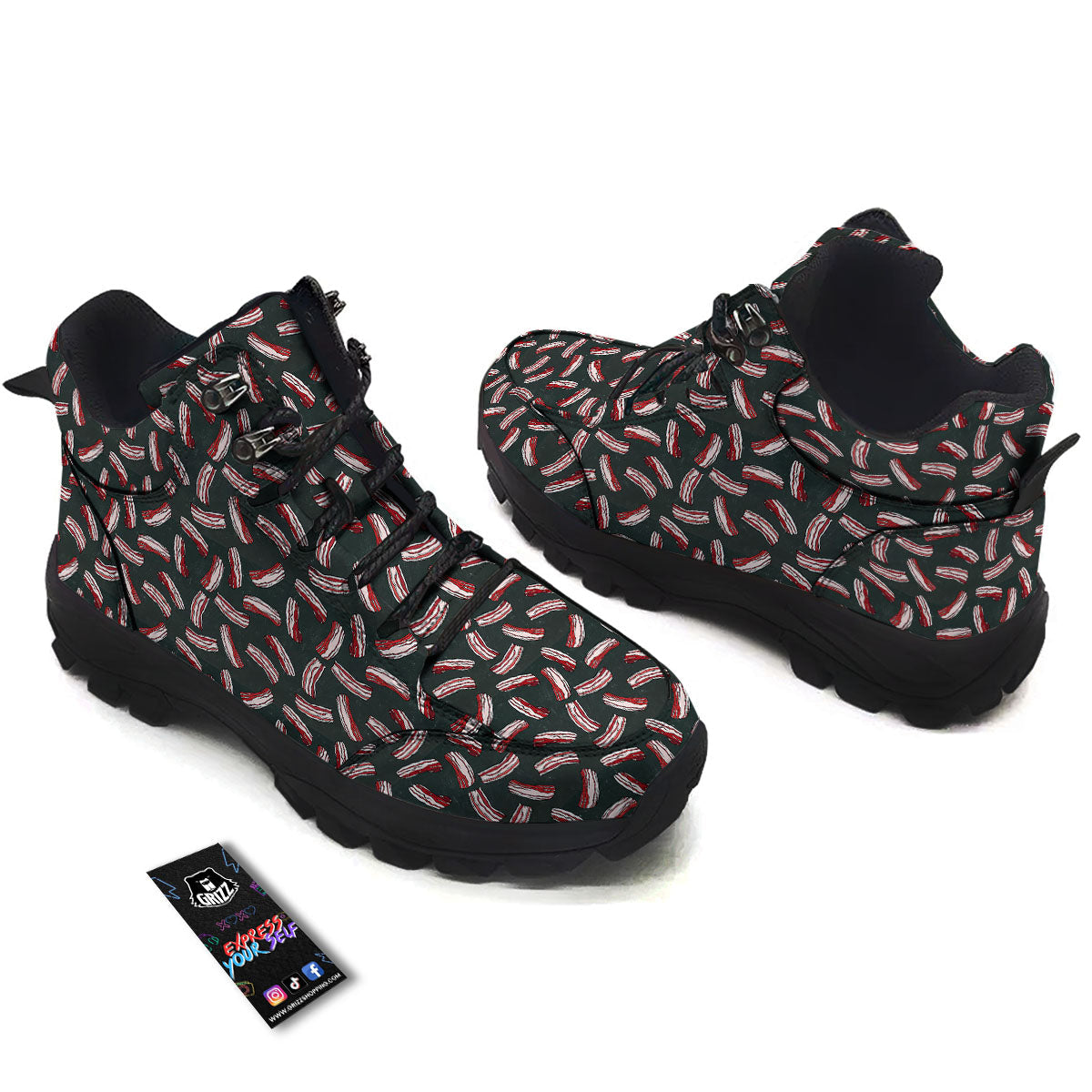 Bacon Black Print Pattern Hiking Shoes-grizzshop