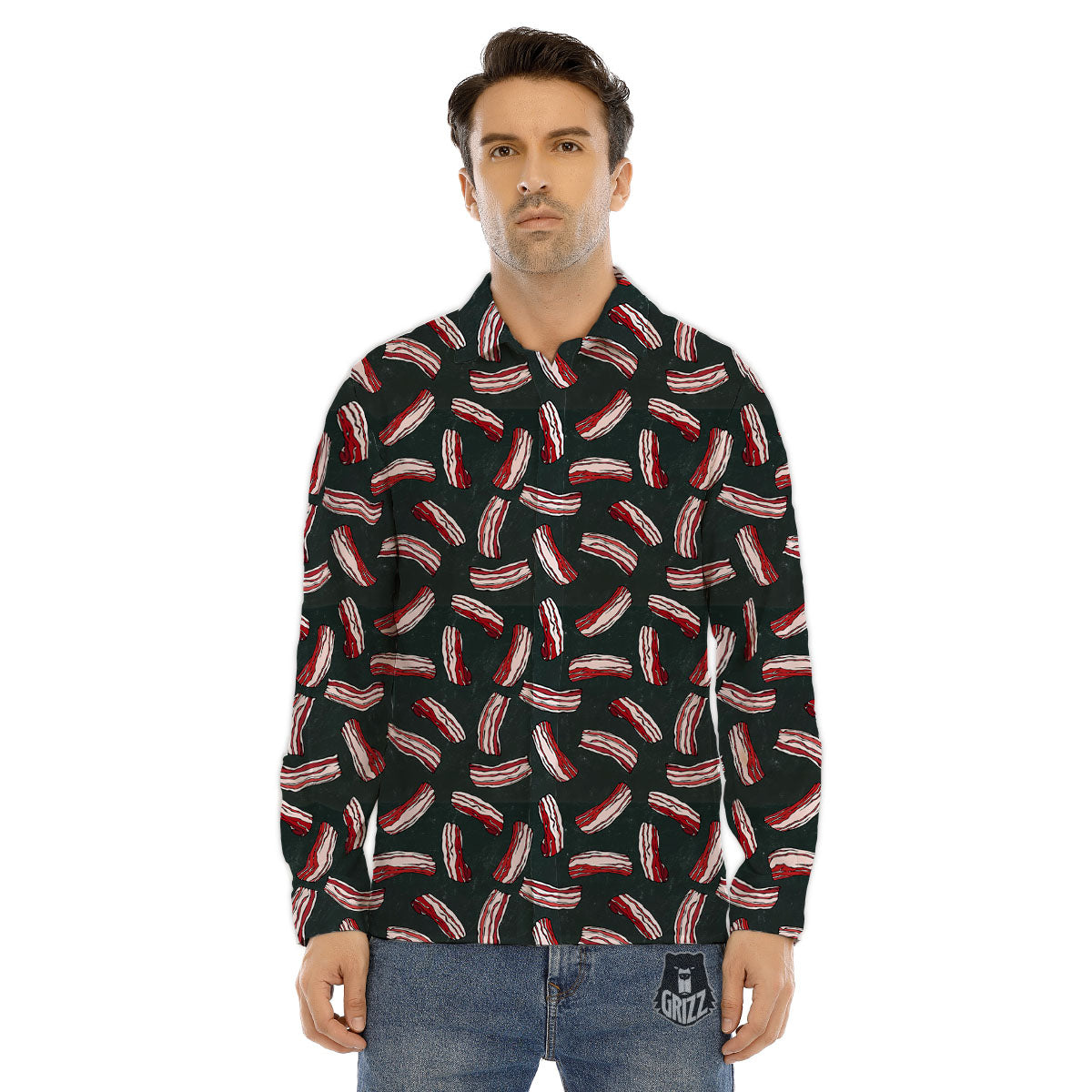 Bacon Black Print Pattern Men's Dress Shirts-grizzshop