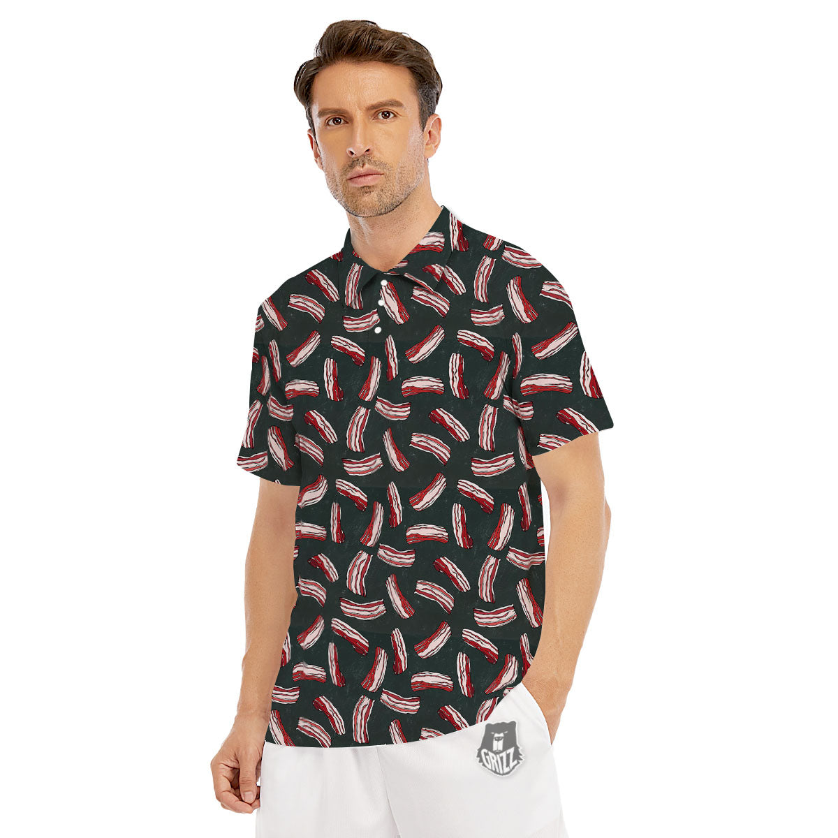 Bacon Black Print Pattern Men's Golf Shirts-grizzshop
