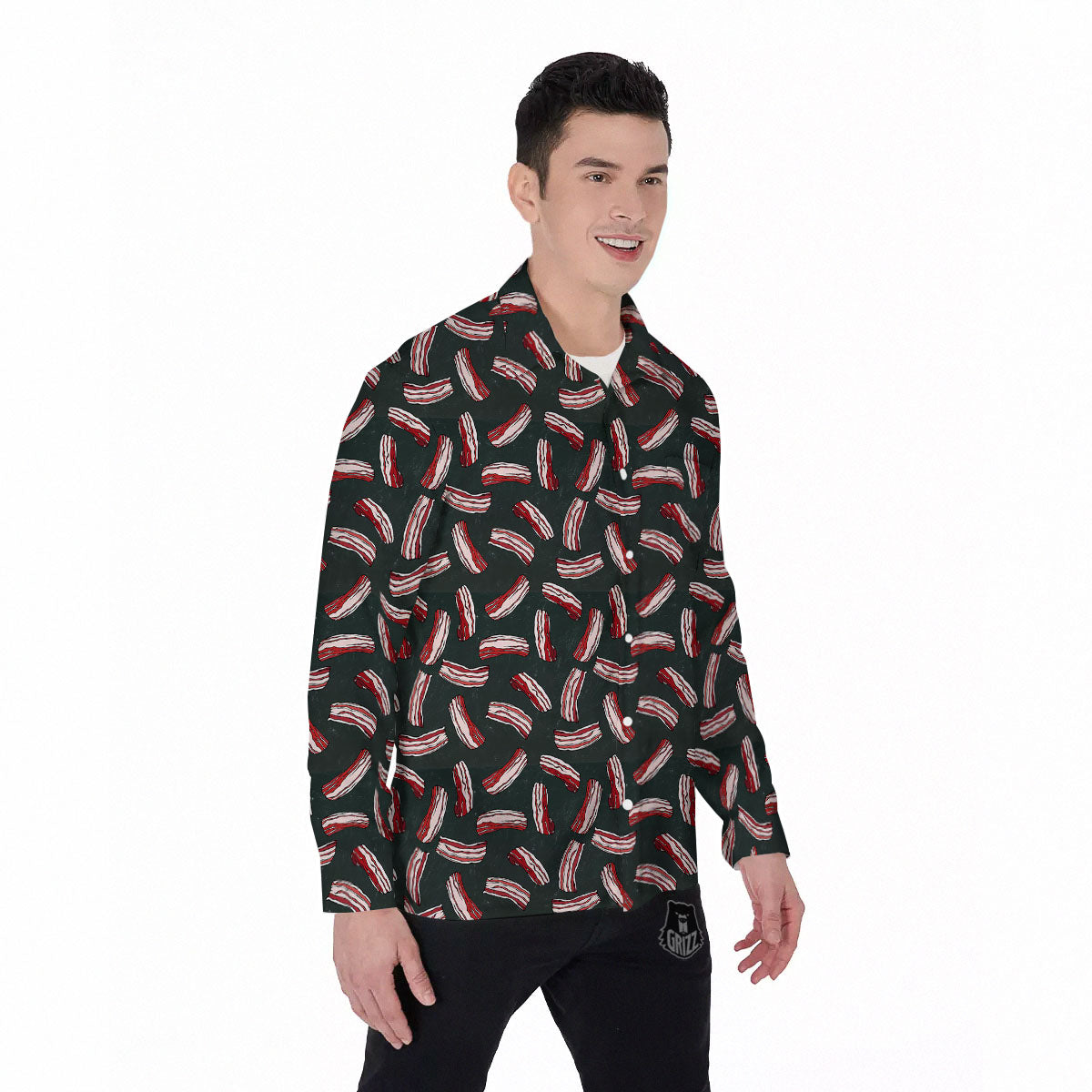 Bacon Black Print Pattern Men's Long Sleeve Shirts-grizzshop