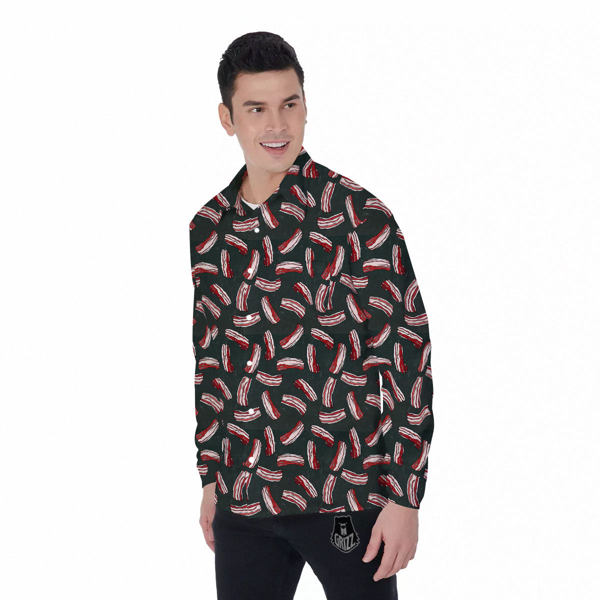 Bacon Black Print Pattern Men's Long Sleeve Shirts-grizzshop