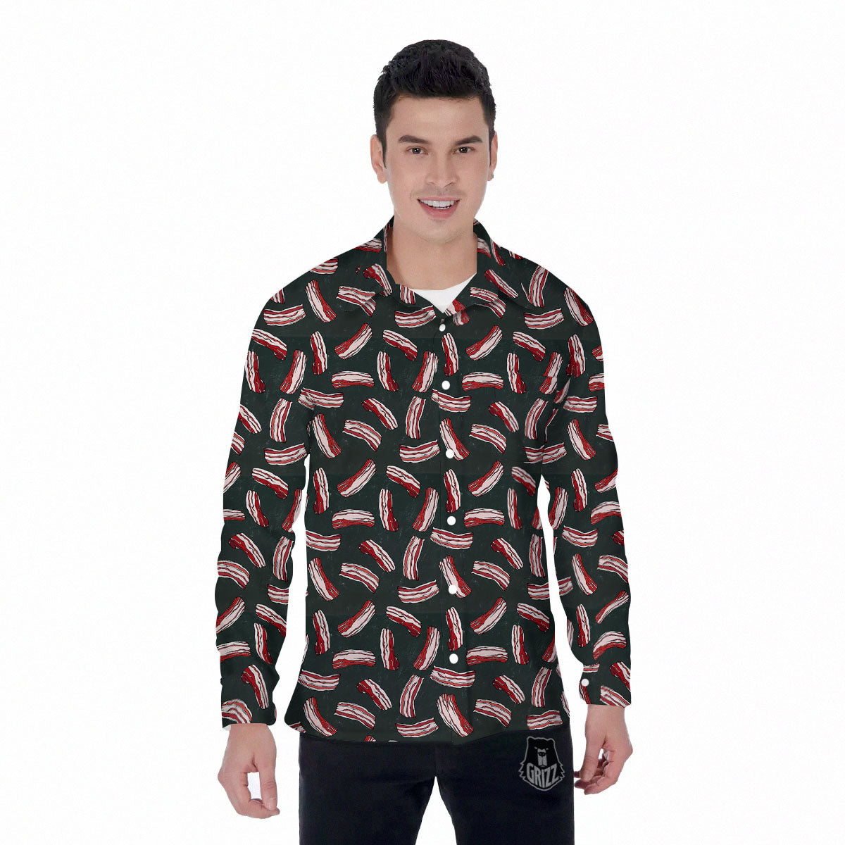 Bacon Black Print Pattern Men's Long Sleeve Shirts-grizzshop