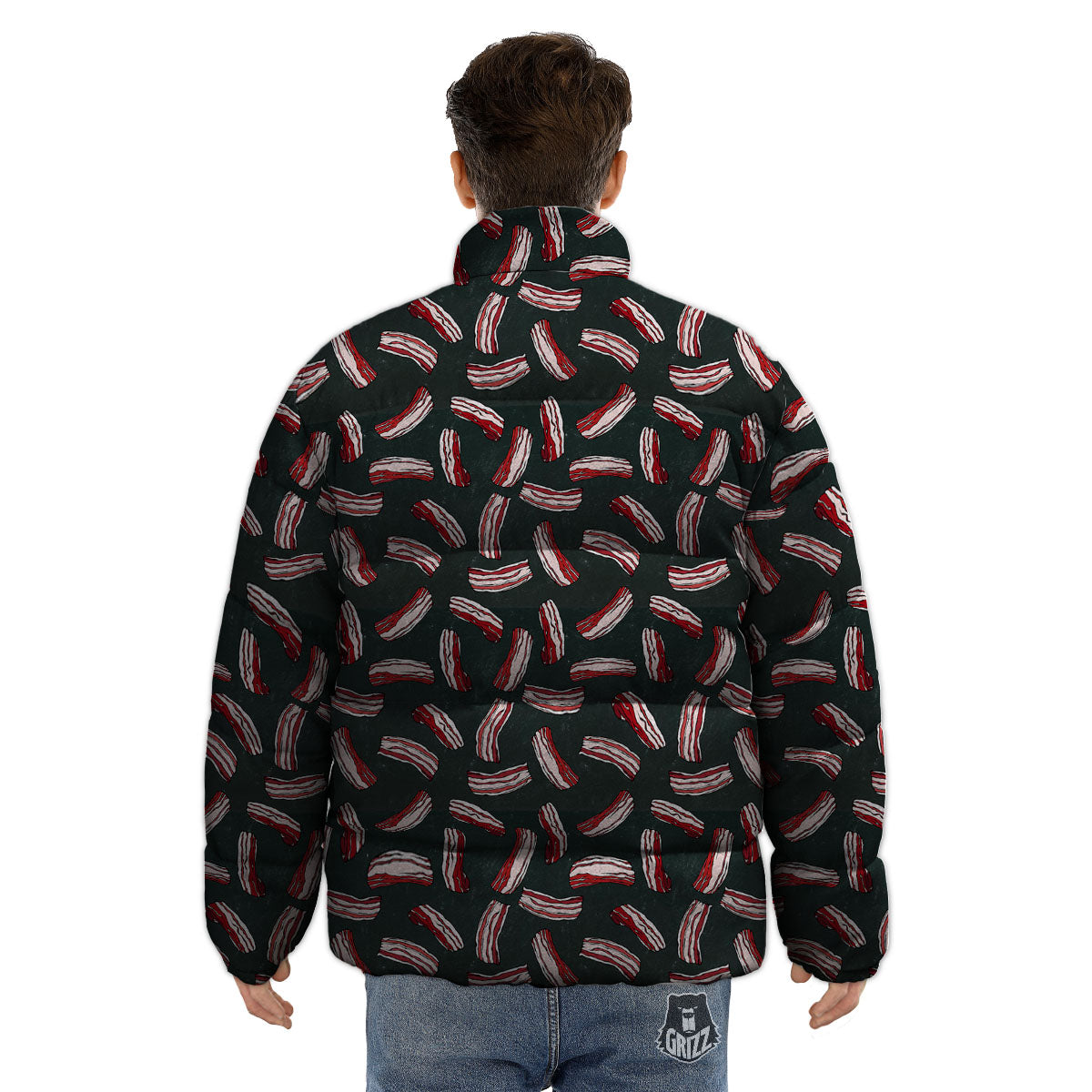 Bacon Black Print Pattern Puffer Jacket-grizzshop