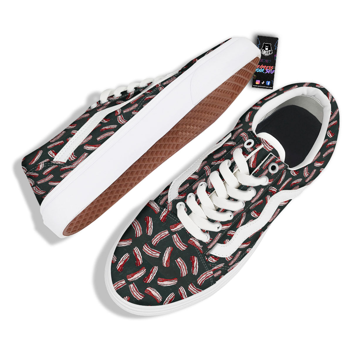 Bacon Black Print Pattern Skate Shoes-grizzshop