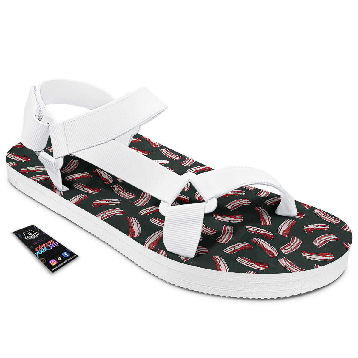 Bacon Black Print Pattern White Open Toe Sandals-grizzshop