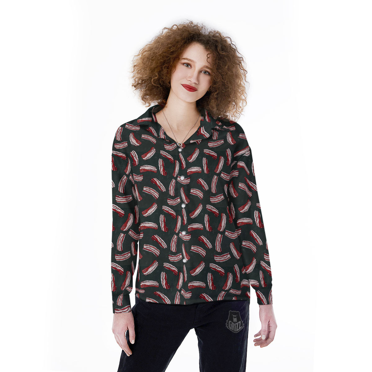 Bacon Black Print Pattern Women's Long Sleeve Shirts-grizzshop