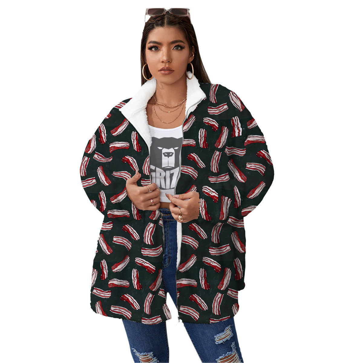 Bacon Black Print Pattern Women's Sherpa Jacket-grizzshop