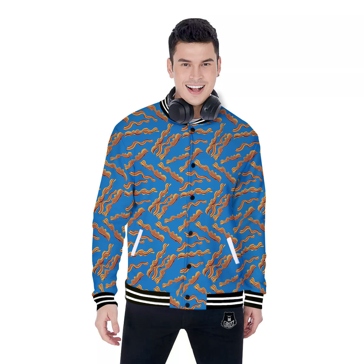 Bacon Blue Crispy Print Pattern Baseball Jacket-grizzshop