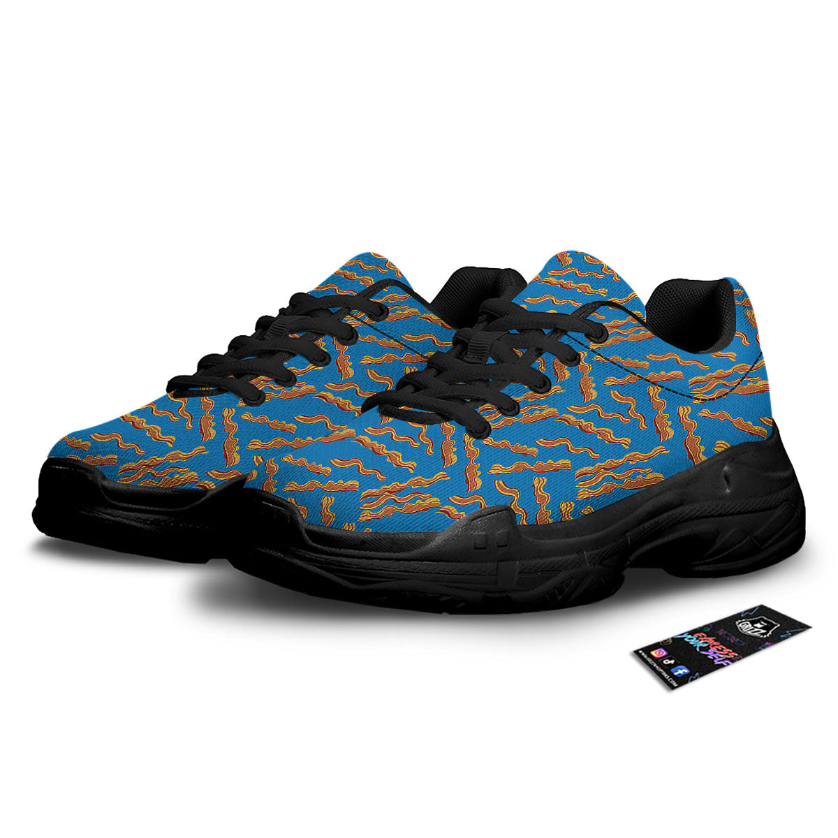 Bacon Blue Crispy Print Pattern Black Chunky Shoes-grizzshop