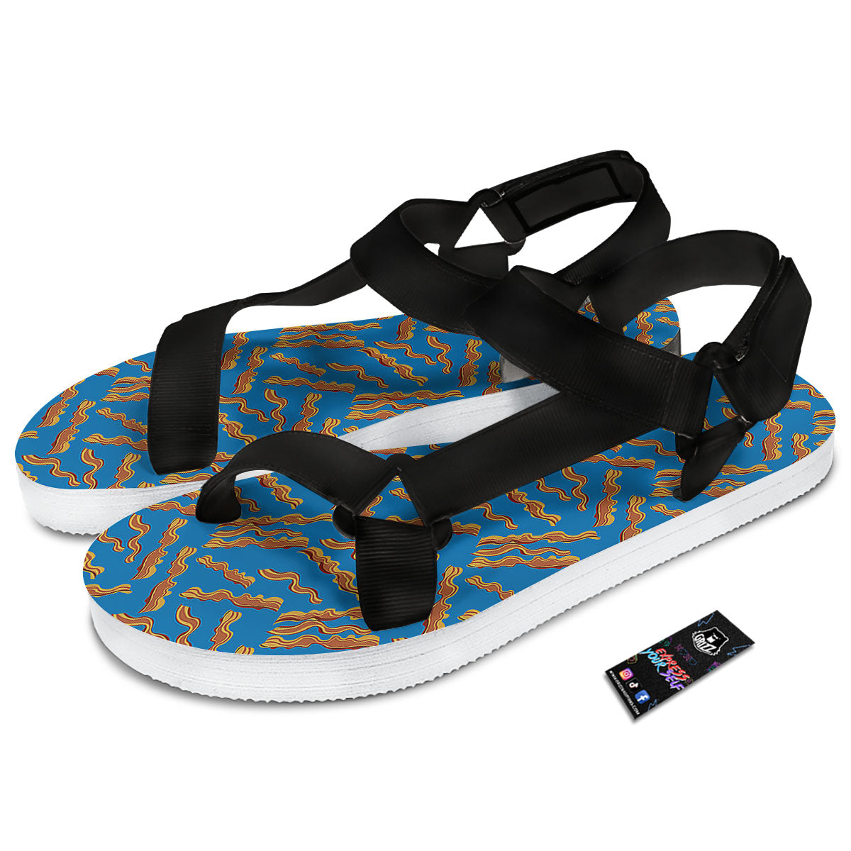 Bacon Blue Crispy Print Pattern Black Open Toe Sandals-grizzshop