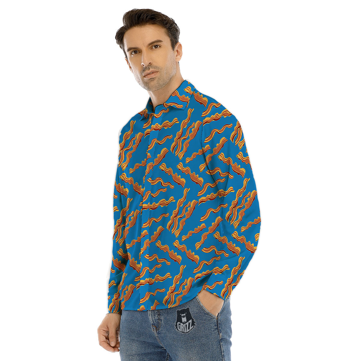Bacon Blue Crispy Print Pattern Men's Dress Shirts-grizzshop