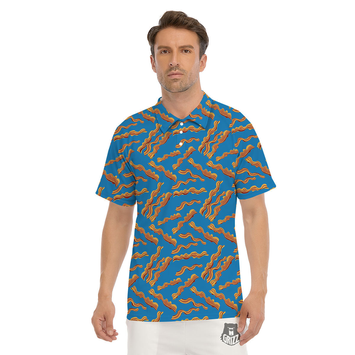 Bacon Blue Crispy Print Pattern Men's Golf Shirts-grizzshop