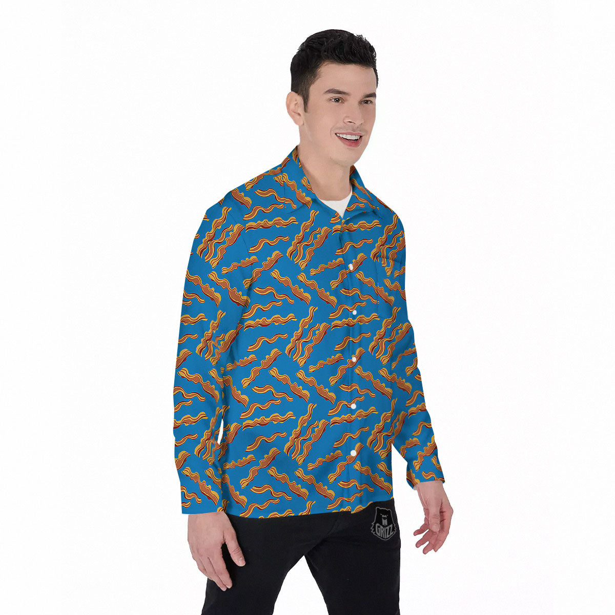 Bacon Blue Crispy Print Pattern Men's Long Sleeve Shirts-grizzshop