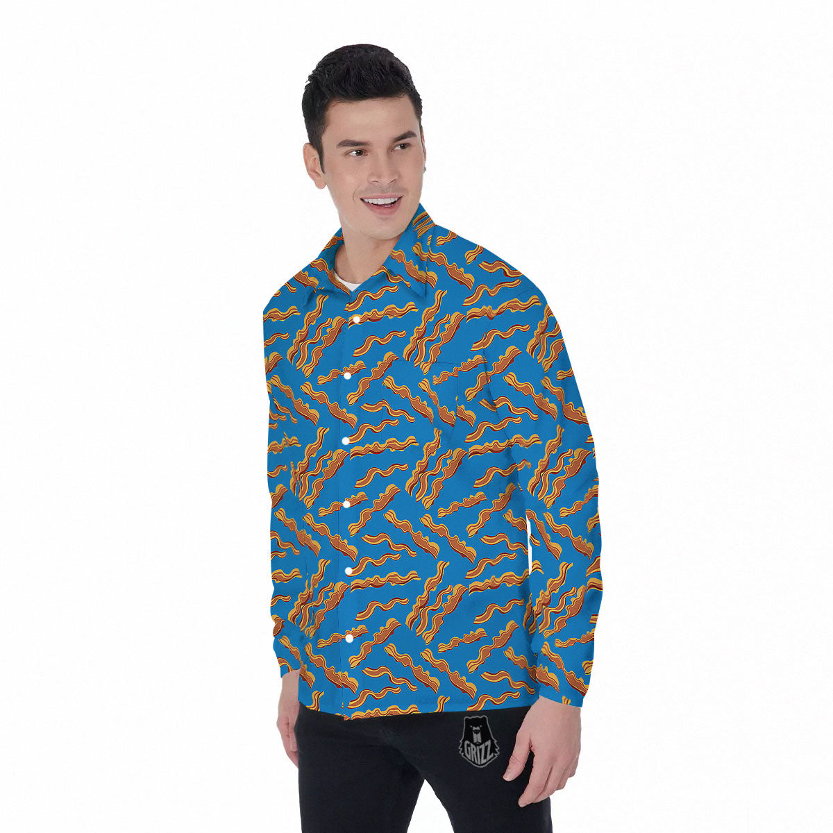 Bacon Blue Crispy Print Pattern Men's Long Sleeve Shirts-grizzshop