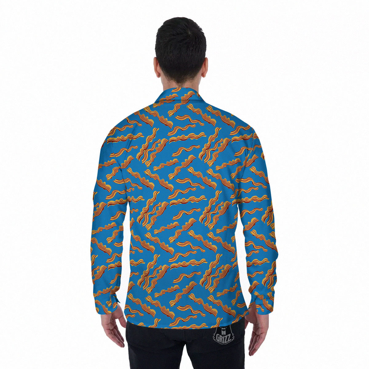 Bacon Blue Crispy Print Pattern Men's Long Sleeve Shirts-grizzshop