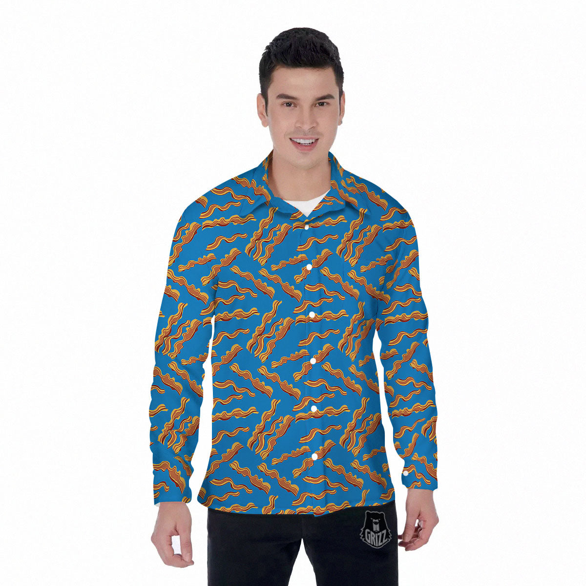Bacon Blue Crispy Print Pattern Men's Long Sleeve Shirts-grizzshop