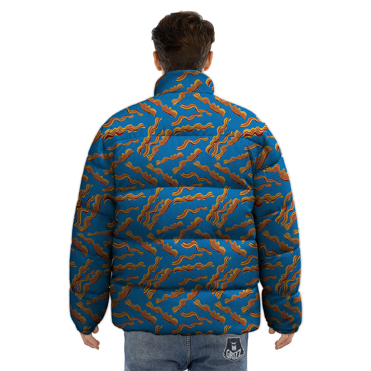 Bacon Blue Crispy Print Pattern Puffer Jacket-grizzshop