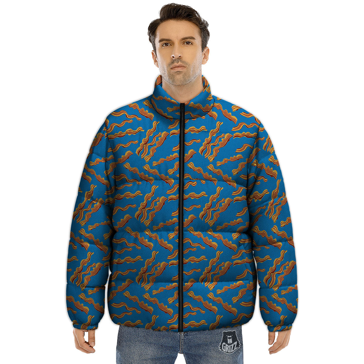Bacon Blue Crispy Print Pattern Puffer Jacket-grizzshop